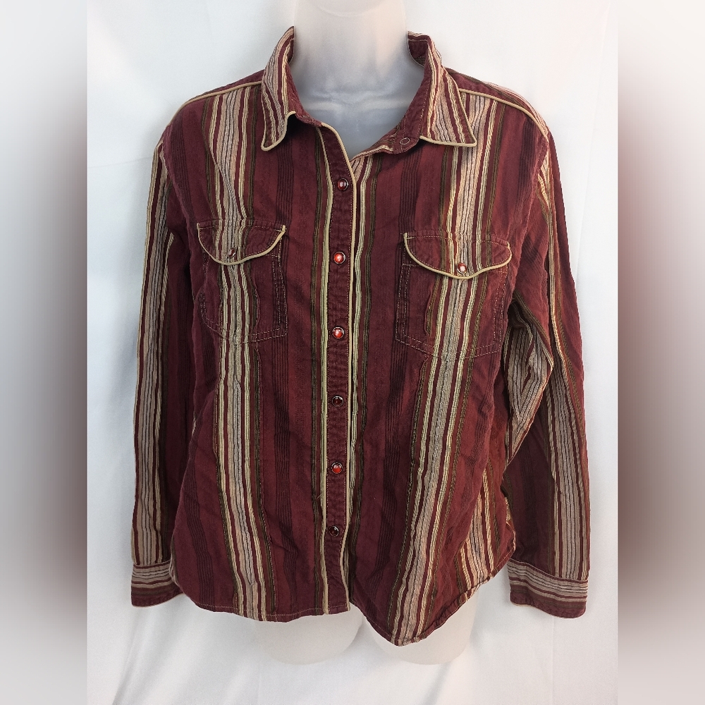 COLUMBIA coastal cowgirl western vintage Striped Burgundy Button-Up Shirt siz xl